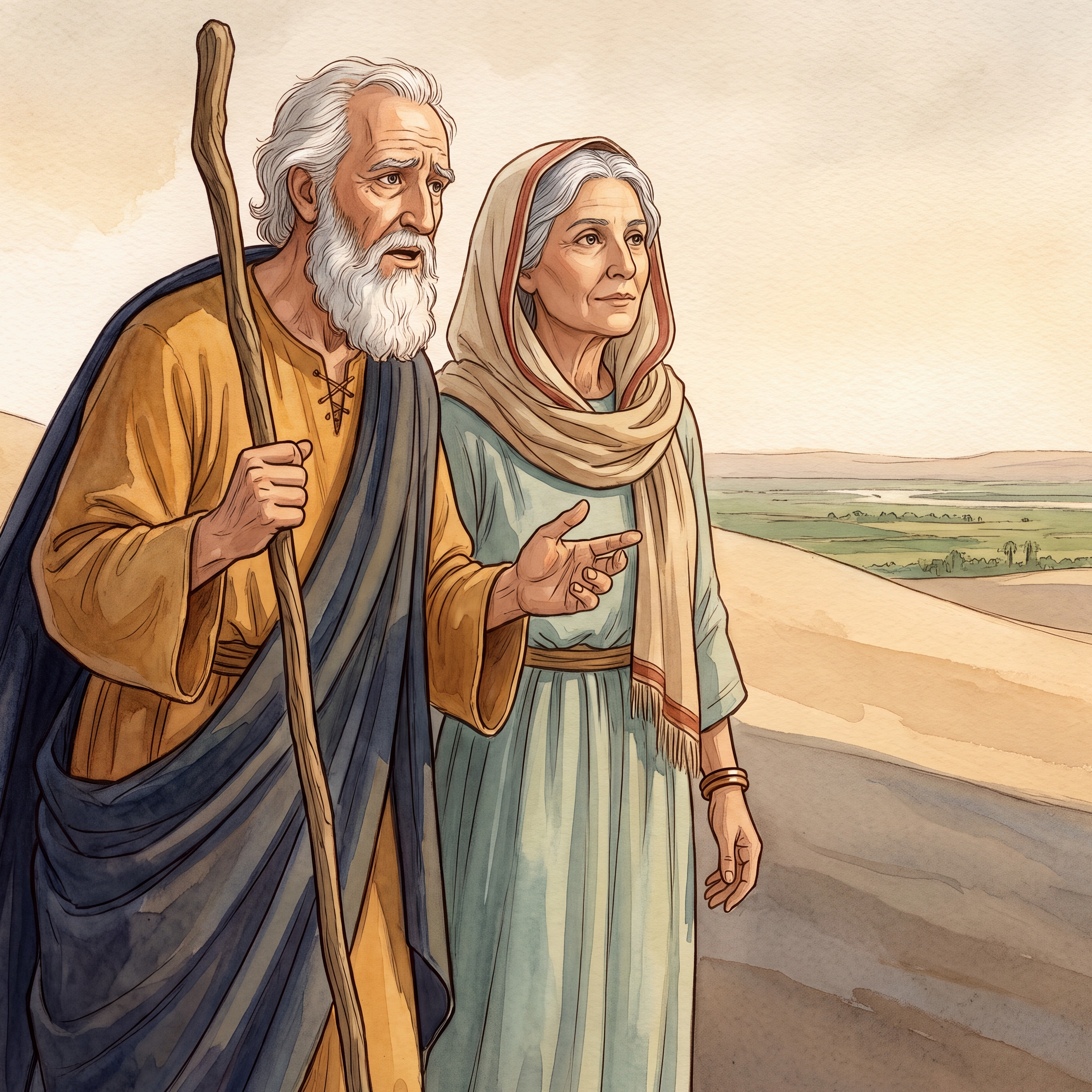 Fin d'après-midi, lumière basse et poussiéreuse. Abram et Saraï se sont arrêtés à l'écart de la caravane, sur une butte 