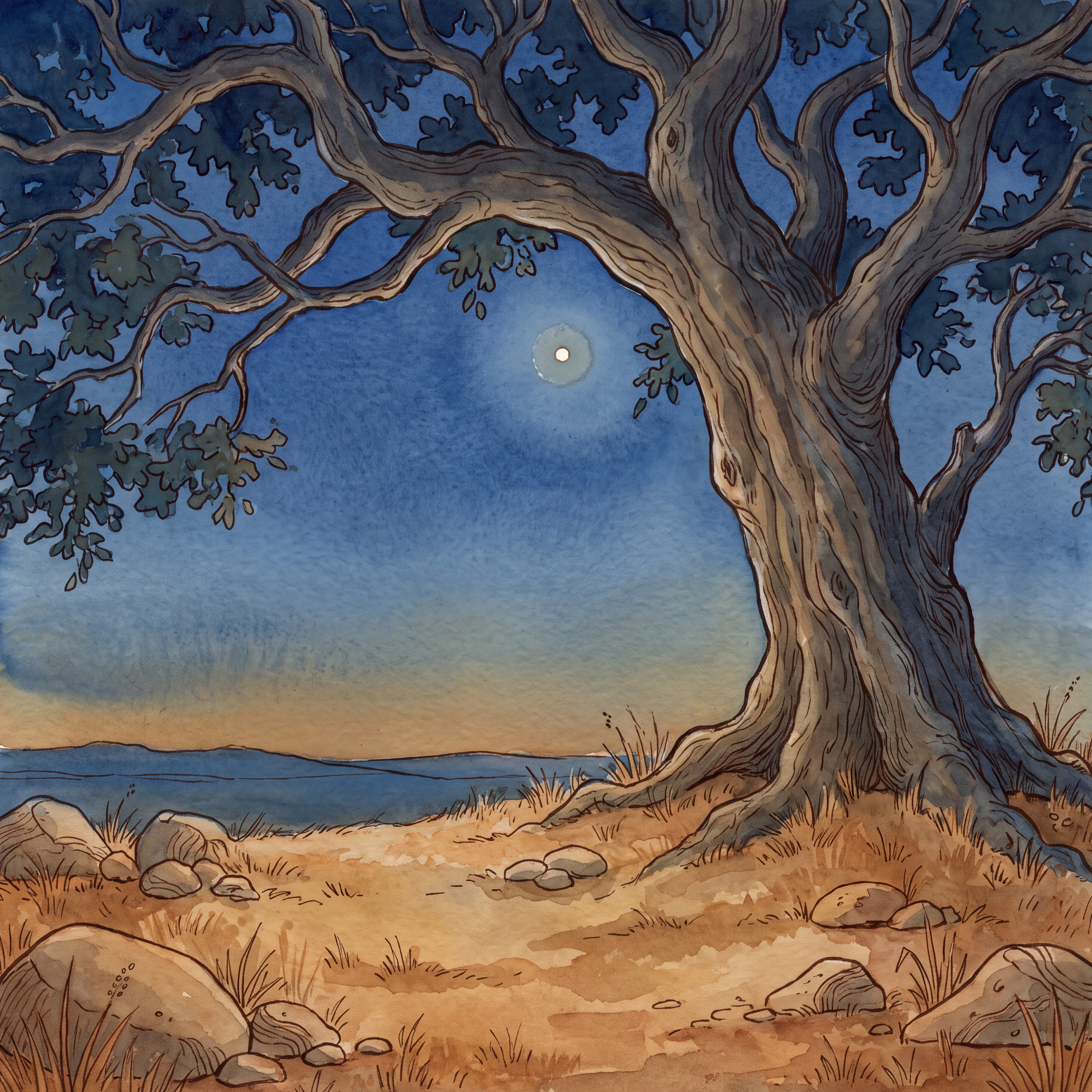 Crépuscule bleu, tout juste après le coucher du soleil. Contre-plongée depuis le pied d'un vieux chêne de Mamré : les br
